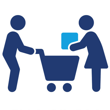 Person pushing shopping cart and another person handing a box