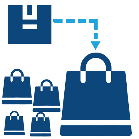 Box with dashed arrow pointing to a large shopping bag, representing CSV bulk product registration